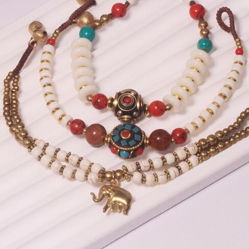 Petite Adjustable Boho Bracelet for Small Wrists 6-7.5 Inch - Handmade Nepalese Buddhist Prayer Bracelet with Elephant Charm, Brass Bell, Turquoise Stone & Tibetan Mantra Beads, Spiritual Lucky Gift in Kuwait
