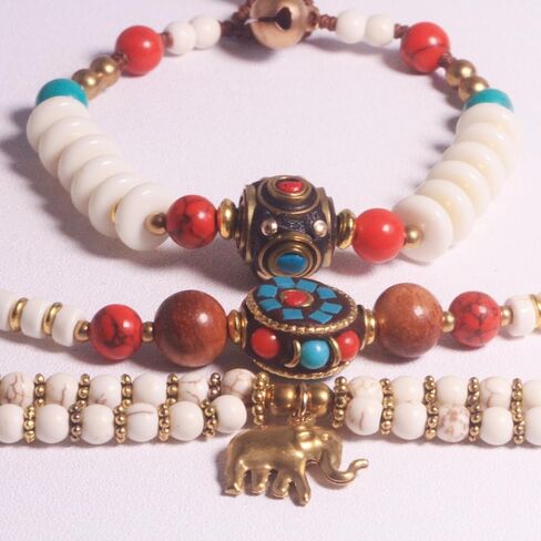 Petite Adjustable Boho Bracelet for Small Wrists 6-7.5 Inch - Handmade Nepalese Buddhist Prayer Bracelet with Elephant Charm, Brass Bell, Turquoise Stone & Tibetan Mantra Beads, Spiritual Lucky Gift in Kuwait