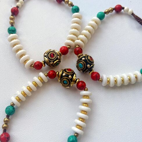 Petite Adjustable Boho Bracelet for Small Wrists 6-7.5 Inch - Handmade Nepalese Buddhist Prayer Bracelet with Elephant Charm, Brass Bell, Turquoise Stone & Tibetan Mantra Beads, Spiritual Lucky Gift in Kuwait