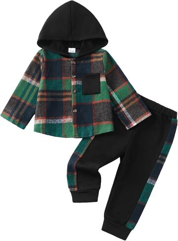 ملابس للأطفال الرضع والصبيان بأكمام طويلة وقميص منقوش من الفلانيل وبنطلون رياضي ملابس الخريف والشتاء in Kuwait