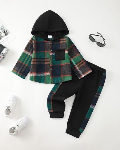 ملابس للأطفال الرضع والصبيان بأكمام طويلة وقميص منقوش من الفلانيل وبنطلون رياضي ملابس الخريف والشتاء in Kuwait