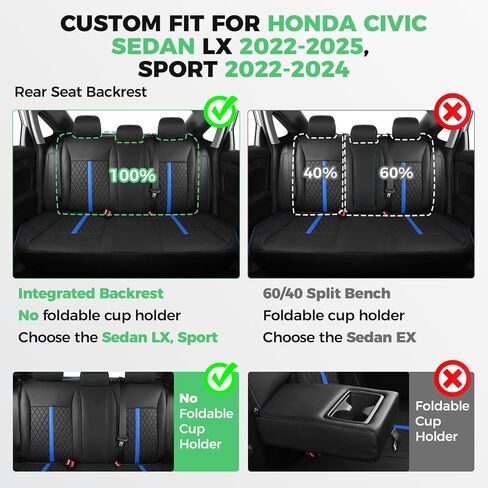 for Honda Civic Leather Seat Covers, Sedan LX 2022-2025, Sport 2022-2024, Custom Fit Car Seat Cover Full Set, Waterproof Accessories, Black Blue (Solid Bench Seats- W/O Rear Armrest) in Saudi Arabia