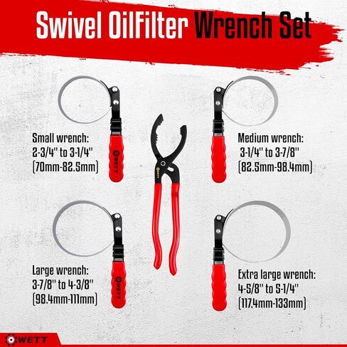 WETT Swivel Oil Filter Wrench Set, 9-Piece Standard Oil Filter Removal Tool, with Adjustable Oil Filter Plier and Valve Lapper, Stainless Steel Remover Pliers (2-3/4" to 5-1/4") in Kuwait
