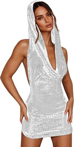 Women Rave Holographic Dress Metallic Silver Mini Hoodies Backless Sleeveless Party Festival Dress in Saudi Arabia