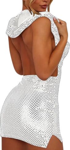 Women Rave Holographic Dress Metallic Silver Mini Hoodies Backless Sleeveless Party Festival Dress in Saudi Arabia