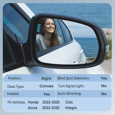 Passenger Right Side Mirror Glass - Compatible with Honda & Acura Vehicles - Civic 2022-2025, Integra 2022-2025, with Heated/Blind Spot Detection, without Auto Dimmig, Replace# 76203T20A21 in Kuwait