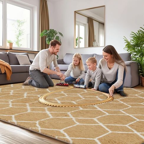 Area Rug for Living Room Bedroom, 5X7 Feet Soft Shaggy Rug, Plush Fluffy Rugs, Modern Moroccan Geometric Carpets, Anti-Skid Durable Carpet for Kids Dorm Nursery, Home Decor Aesthetic, White and Beige in Saudi Arabia