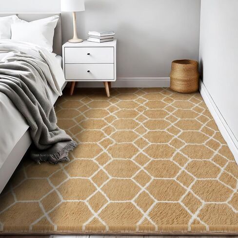 Area Rug for Living Room Bedroom, 5X7 Feet Soft Shaggy Rug, Plush Fluffy Rugs, Modern Moroccan Geometric Carpets, Anti-Skid Durable Carpet for Kids Dorm Nursery, Home Decor Aesthetic, White and Beige in Saudi Arabia