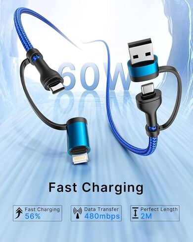 4 in 1 Charging Cable [2Pack 6.6FT] 60W Fast Charging Cord Apple MFi Certified Lightning Cable Nylon Braided Multi USB C Cable for iPhone 16/15 14 13 iPad Samsung Galaxy MacBook iPad Tablets and More in Saudi Arabia