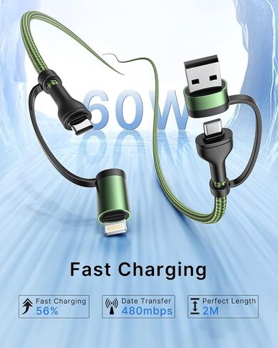 4 in 1 Charging Cable [2Pack 6.6FT] 60W Fast Charging Cord Apple MFi Certified Lightning Cable Nylon Braided Multi USB C Cable for iPhone 16/15 14 13 iPad Samsung Galaxy MacBook iPad Tablets and More in Saudi Arabia