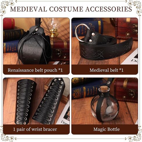 مجموعة أزياء الخيال في العصور الوسطى (7pcs) - Bracer الجلود ، آذان قزم ، حزام فارس وأكثر من أجل Cosplay/Renaissance Fauls in Kuwait