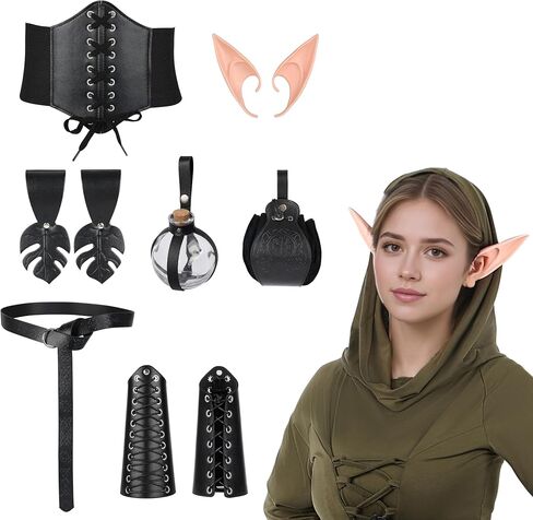 مجموعة أزياء الخيال في العصور الوسطى (7pcs) - Bracer الجلود ، آذان قزم ، حزام فارس وأكثر من أجل Cosplay/Renaissance Fauls in Kuwait