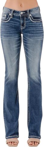 Miss Me Me Me Women Tri-Color Metallic Saddle Stitch Faux Flap Pockets Middle Bootcut Jeans in Saudi Arabia