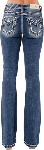 Miss Me Me Me Women Tri-Color Metallic Saddle Stitch Faux Flap Pockets Middle Bootcut Jeans in Saudi Arabia