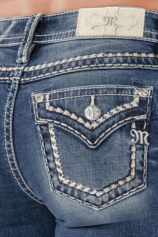 Miss Me Me Me Women Tri-Color Metallic Saddle Stitch Faux Flap Pockets Middle Bootcut Jeans in Saudi Arabia