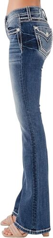 Miss Me Me Me Women Tri-Color Metallic Saddle Stitch Faux Flap Pockets Middle Bootcut Jeans in Saudi Arabia