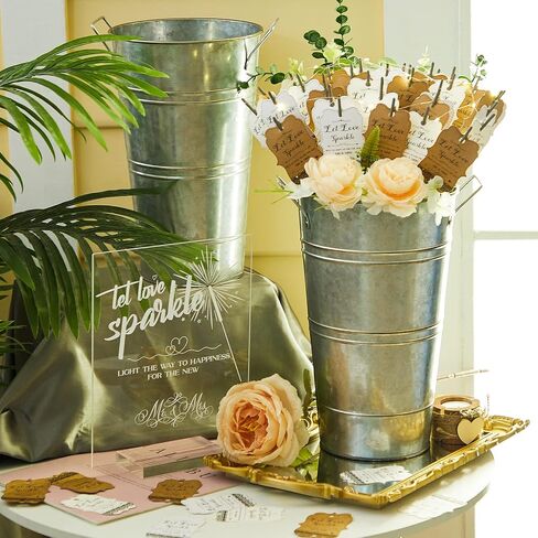 Henoyso 153 Pcs Wedding Sparkler Set Include 150 Pcs Lace Wedding Sparkler Tags 1 Acrylic Send Off Sign with Stand 2 Galvanized Metal Buckets for Party Decorations(12.2 Inch,White) in Saudi Arabia