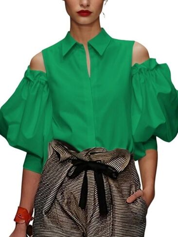 UOOZEE Women's Cut Out Cold Shoulder Cotton Summer Tops Button Down Lapel V Neck Puff Sleeve Blouses Shirts in Kuwait