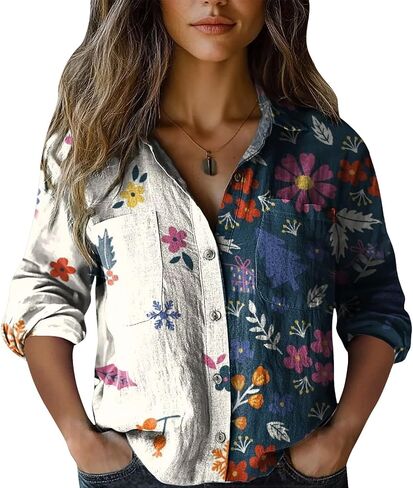 Womens 3/4 Sleeve Shirts Vintage Boho Retro Floral Print Tops Ladies Loose Fit Lightweight V Neck Button Down Blouses in Saudi Arabia