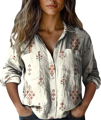 Womens 3/4 Sleeve Shirts Vintage Boho Retro Floral Print Tops Ladies Loose Fit Lightweight V Neck Button Down Blouses in Saudi Arabia