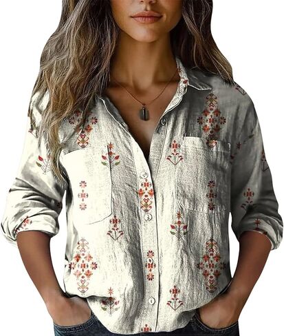 Womens 3/4 Sleeve Shirts Vintage Boho Retro Floral Print Tops Ladies Loose Fit Lightweight V Neck Button Down Blouses in Saudi Arabia