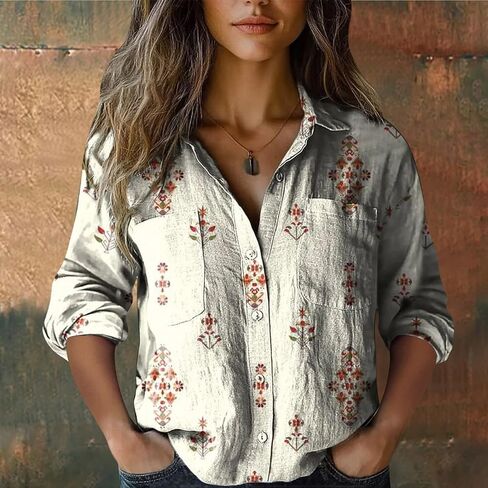 Womens 3/4 Sleeve Shirts Vintage Boho Retro Floral Print Tops Ladies Loose Fit Lightweight V Neck Button Down Blouses in Saudi Arabia