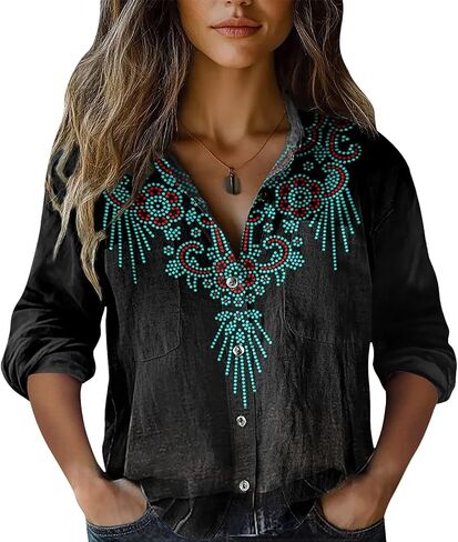 Womens 3/4 Sleeve Shirts Vintage Boho Retro Floral Print Tops Ladies Loose Fit Lightweight V Neck Button Down Blouses in Saudi Arabia