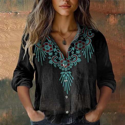 Womens 3/4 Sleeve Shirts Vintage Boho Retro Floral Print Tops Ladies Loose Fit Lightweight V Neck Button Down Blouses in Saudi Arabia