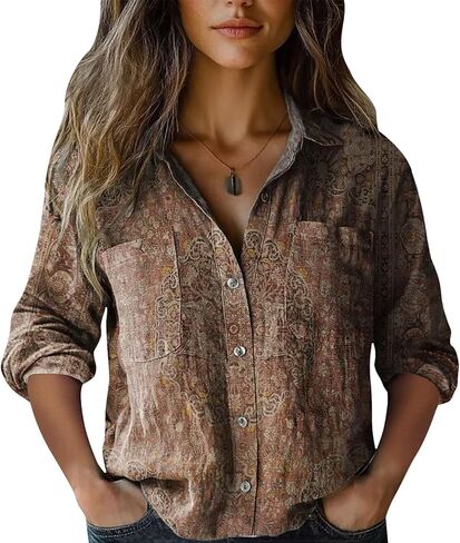 Womens 3/4 Sleeve Shirts Vintage Boho Retro Floral Print Tops Ladies Loose Fit Lightweight V Neck Button Down Blouses in Saudi Arabia