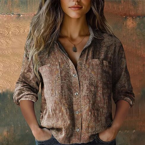 Womens 3/4 Sleeve Shirts Vintage Boho Retro Floral Print Tops Ladies Loose Fit Lightweight V Neck Button Down Blouses in Saudi Arabia