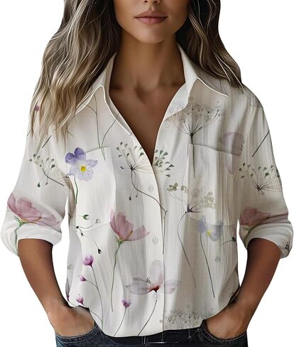 Womens 3/4 Sleeve Shirts Vintage Boho Retro Floral Print Tops Ladies Loose Fit Lightweight V Neck Button Down Blouses in Saudi Arabia