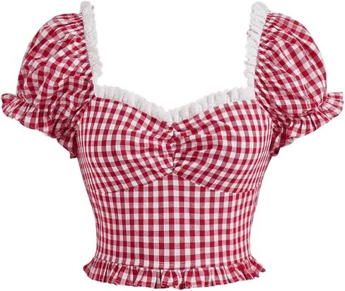 Wdirara Women's Plaid Sweetheart Neck Puff Short Sleeve Top Frill Trim Ruched Blouse in Kuwait