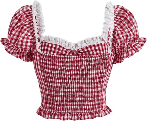 Wdirara Women's Plaid Sweetheart Neck Puff Short Sleeve Top Frill Trim Ruched Blouse in Kuwait