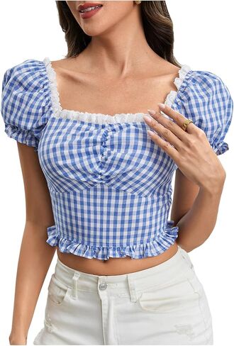 Wdirara Women's Plaid Sweetheart Neck Puff Short Sleeve Top Frill Trim Ruched Blouse in Kuwait