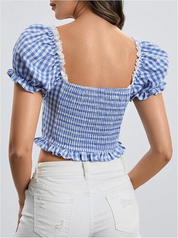 Wdirara Women's Plaid Sweetheart Neck Puff Short Sleeve Top Frill Trim Ruched Blouse in Kuwait