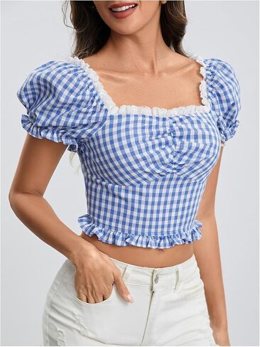 Wdirara Women's Plaid Sweetheart Neck Puff Short Sleeve Top Frill Trim Ruched Blouse in Kuwait