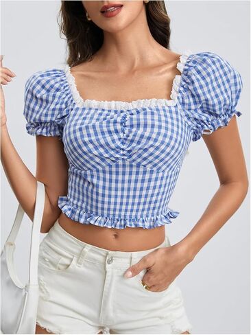 Wdirara Women's Plaid Sweetheart Neck Puff Short Sleeve Top Frill Trim Ruched Blouse in Kuwait