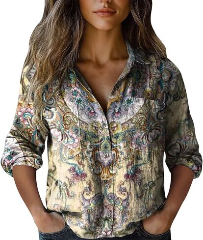 Womens 3/4 Sleeve Shirts Vintage Boho Retro Floral Print Tops Ladies Loose Fit Lightweight V Neck Button Down Blouses in Saudi Arabia