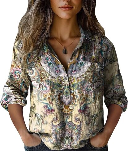 Womens 3/4 Sleeve Shirts Vintage Boho Retro Floral Print Tops Ladies Loose Fit Lightweight V Neck Button Down Blouses in Saudi Arabia