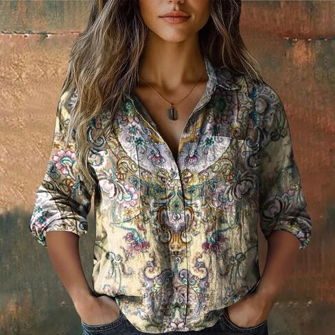 Womens 3/4 Sleeve Shirts Vintage Boho Retro Floral Print Tops Ladies Loose Fit Lightweight V Neck Button Down Blouses in Saudi Arabia