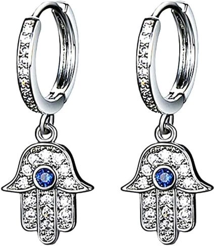 14K Gold Hand of Fatima Hoop and Drop Earrings, Moissanite and Sapphire Evil Eye Earrings for Women in Saudi Arabia