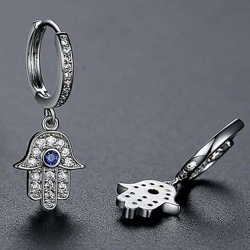 14K Gold Hand of Fatima Hoop and Drop Earrings, Moissanite and Sapphire Evil Eye Earrings for Women in Saudi Arabia