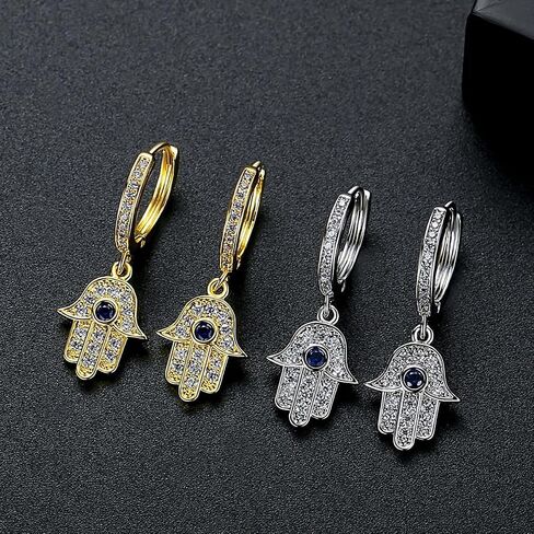 14K Gold Hand of Fatima Hoop and Drop Earrings, Moissanite and Sapphire Evil Eye Earrings for Women in Saudi Arabia
