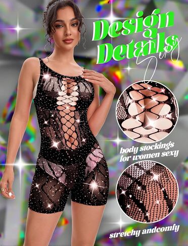 Womens Lingerie Fishnet Babydoll Stockings Sparkle Rhinestone Cut Out Romper Rave Outfits in Saudi Arabia