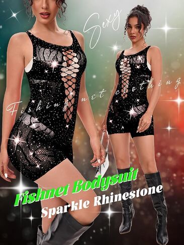 Womens Lingerie Fishnet Babydoll Stockings Sparkle Rhinestone Cut Out Romper Rave Outfits in Saudi Arabia