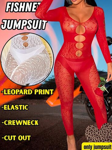 Women Sexy Full Leopard Fishnet Bodysuit, Poster Lace Jumpsuit Body Stockings, Club Rave Party Exotic Dancer Outfits in Saudi Arabia