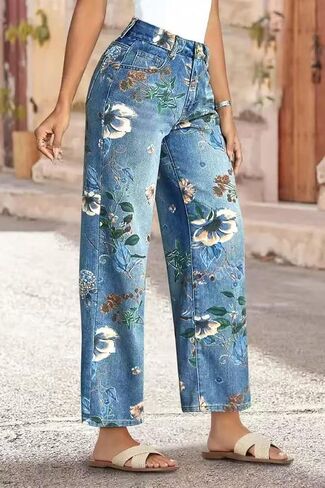 yoeasy Women's Straight Leg Jeans High Rise Vintage Floral Printed Wide Leg Trendy Stretchy Baggy Casual Denim Pants in Saudi Arabia