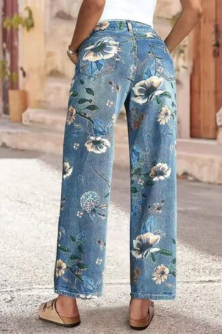 yoeasy Women's Straight Leg Jeans High Rise Vintage Floral Printed Wide Leg Trendy Stretchy Baggy Casual Denim Pants in Saudi Arabia