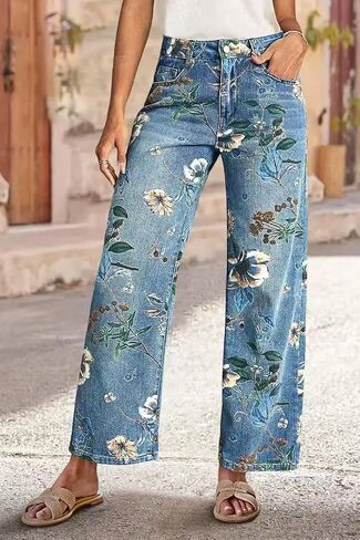 yoeasy Women's Straight Leg Jeans High Rise Vintage Floral Printed Wide Leg Trendy Stretchy Baggy Casual Denim Pants in Saudi Arabia