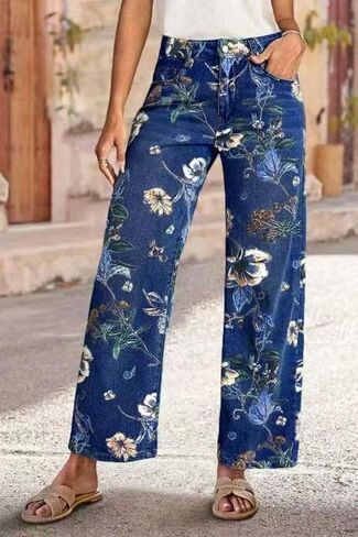 yoeasy Women's Straight Leg Jeans High Rise Vintage Floral Printed Wide Leg Trendy Stretchy Baggy Casual Denim Pants in Saudi Arabia